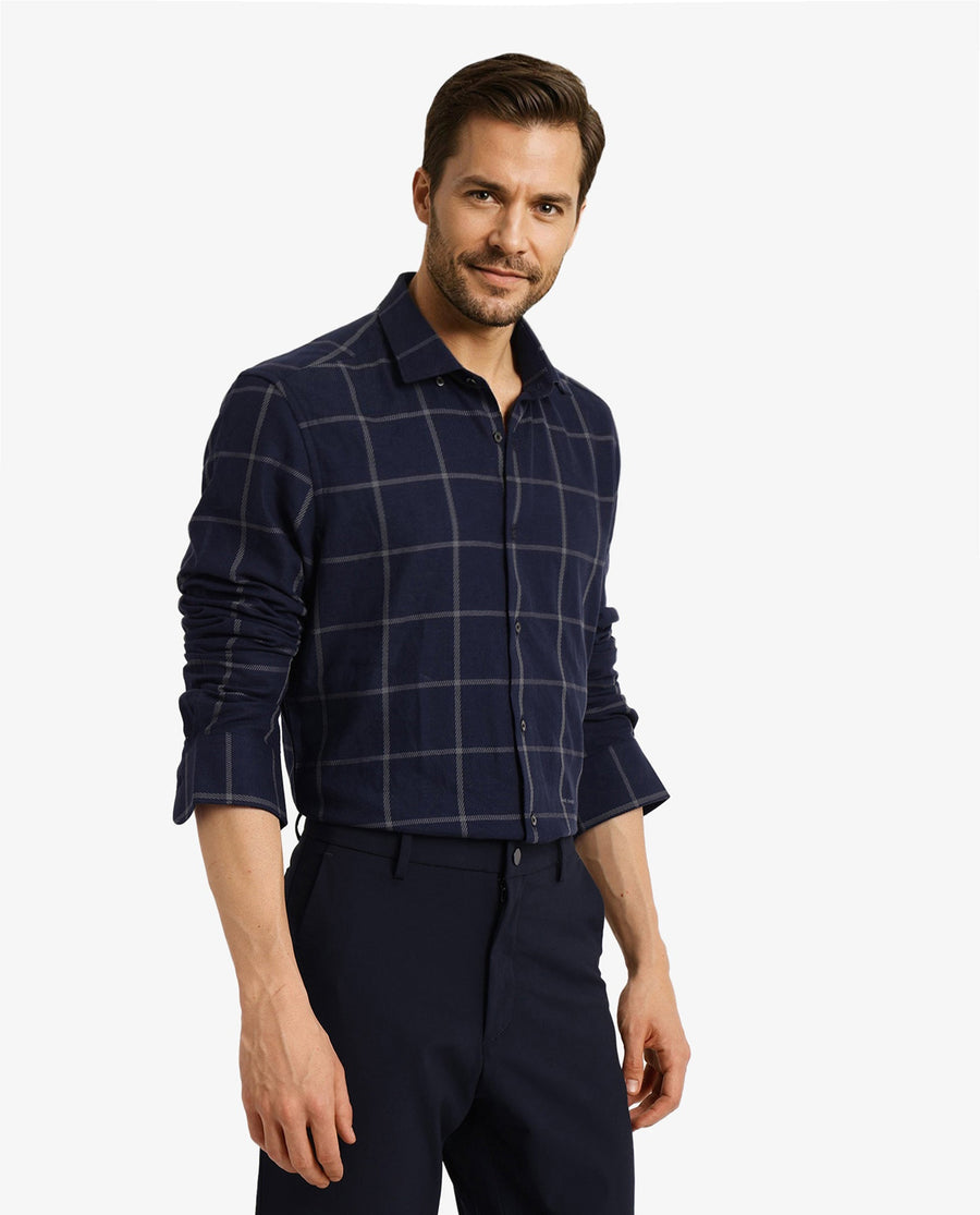 Rare Rabbit Men's Tuffah Dark Navy Cotton Checked Print Regular Fit Full Sleeve Collared Shirt