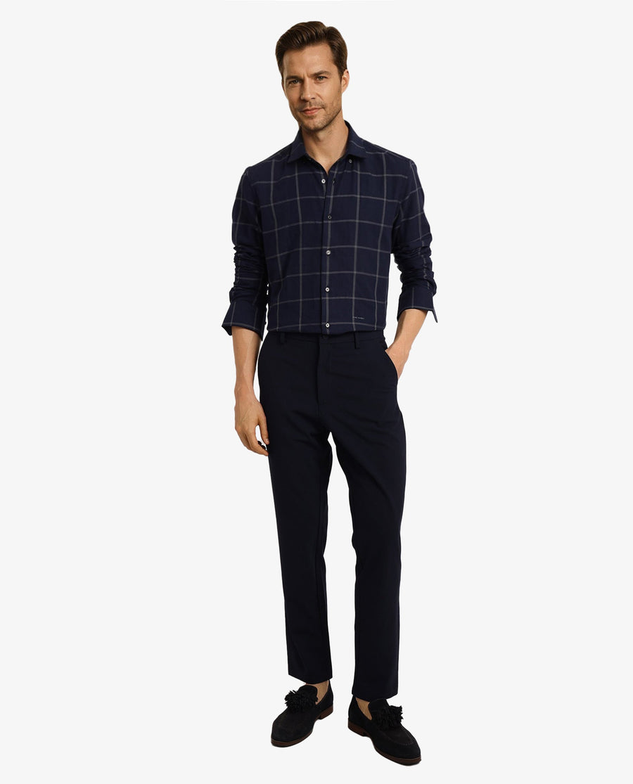 Rare Rabbit Men's Tuffah Dark Navy Cotton Checked Print Regular Fit Full Sleeve Collared Shirt