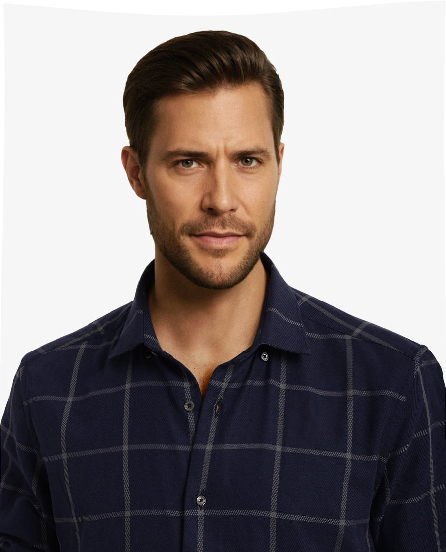 Rare Rabbit Men's Tuffah Dark Navy Cotton Checked Print Regular Fit Full Sleeve Collared Shirt