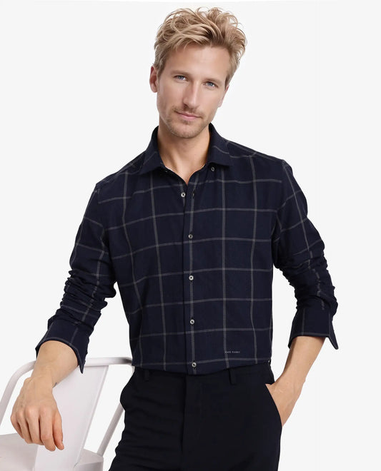 Rare Rabbit Men's Tuffah Dark Navy Cotton Checked Print Regular Fit Full Sleeve Collared Shirt