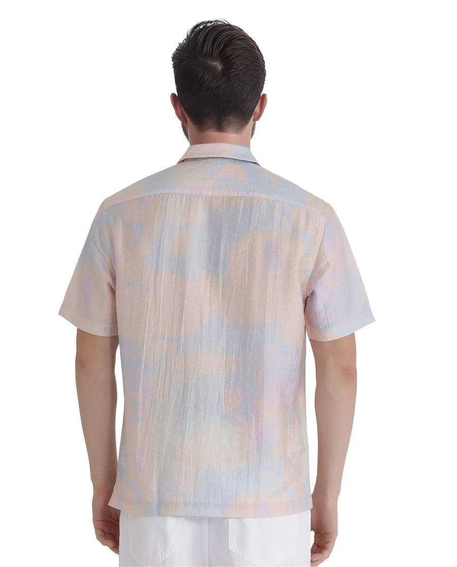 Rare Rabbit Men's Tugi Blue Viscose Blend Abstract Print Boxy Fit Half Sleeve Cuban Collar Shirt