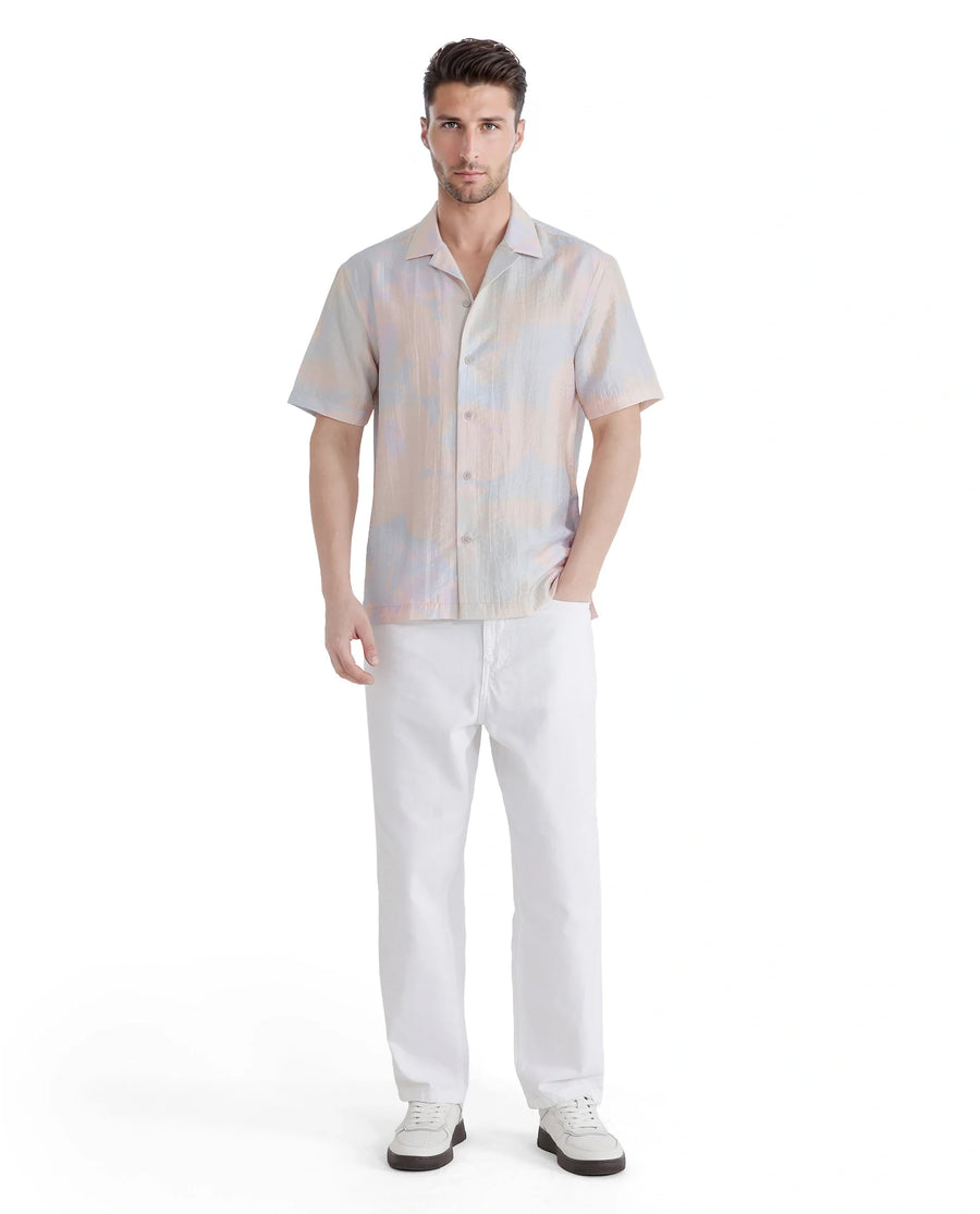 Rare Rabbit Men's Tugi Blue Viscose Blend Abstract Print Boxy Fit Half Sleeve Cuban Collar Shirt