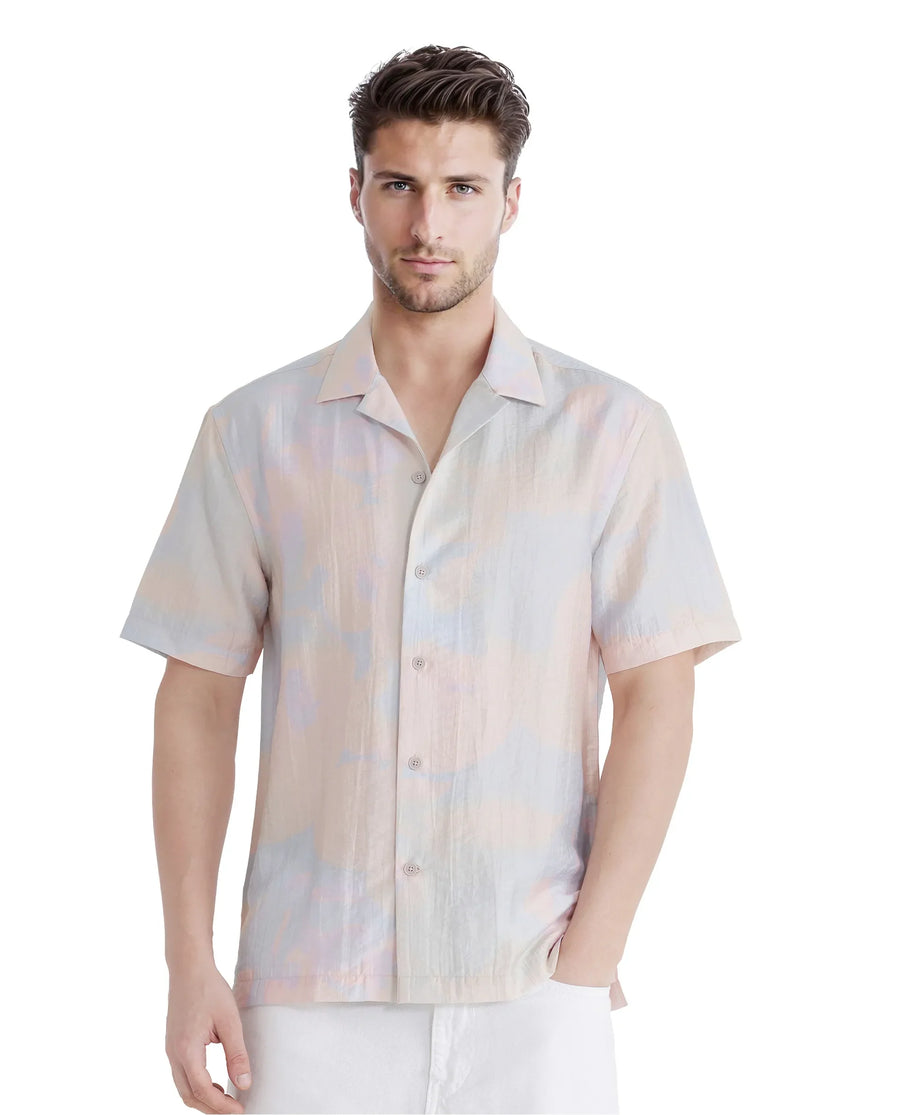 Rare Rabbit Men's Tugi Blue Viscose Blend Abstract Print Boxy Fit Half Sleeve Cuban Collar Shirt