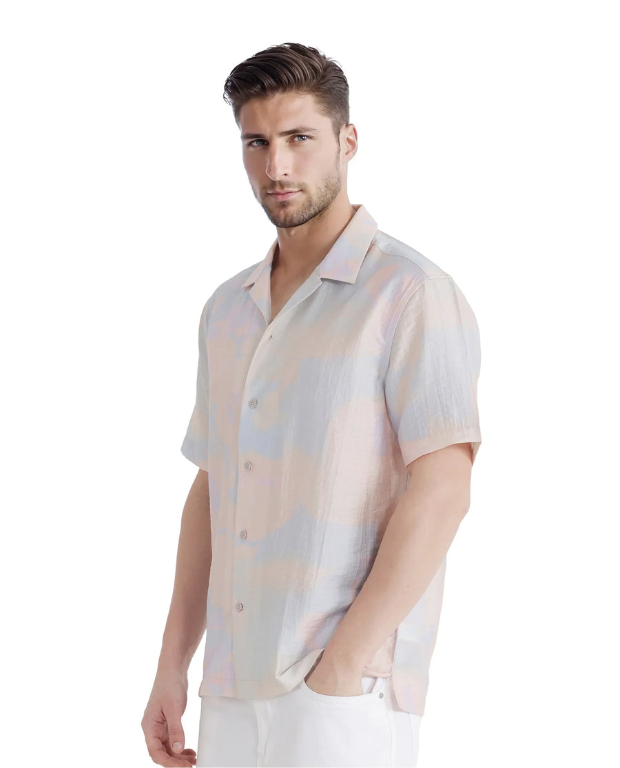Rare Rabbit Men's Tugi Blue Viscose Blend Abstract Print Boxy Fit Half Sleeve Cuban Collar Shirt