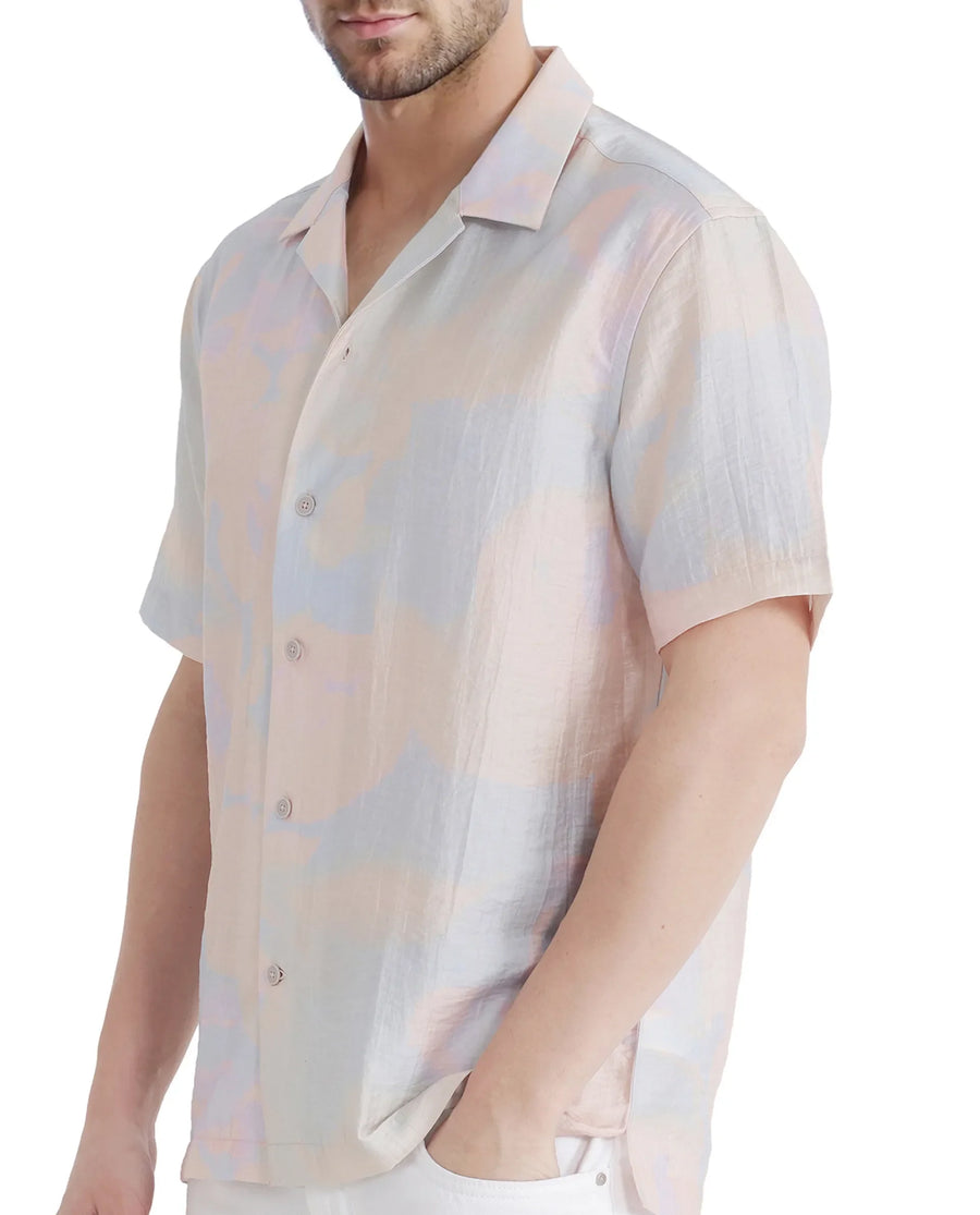 Rare Rabbit Men's Tugi Blue Viscose Blend Abstract Print Boxy Fit Half Sleeve Cuban Collar Shirt