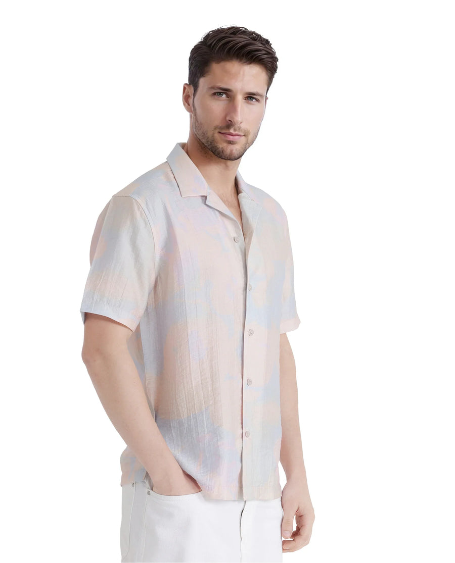Rare Rabbit Men's Tugi Blue Viscose Blend Abstract Print Boxy Fit Half Sleeve Cuban Collar Shirt