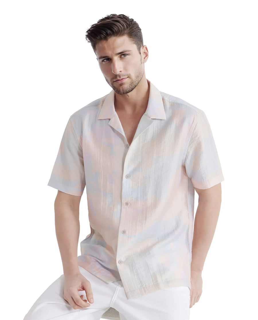 Rare Rabbit Men's Tugi Blue Viscose Blend Abstract Print Boxy Fit Half Sleeve Cuban Collar Shirt