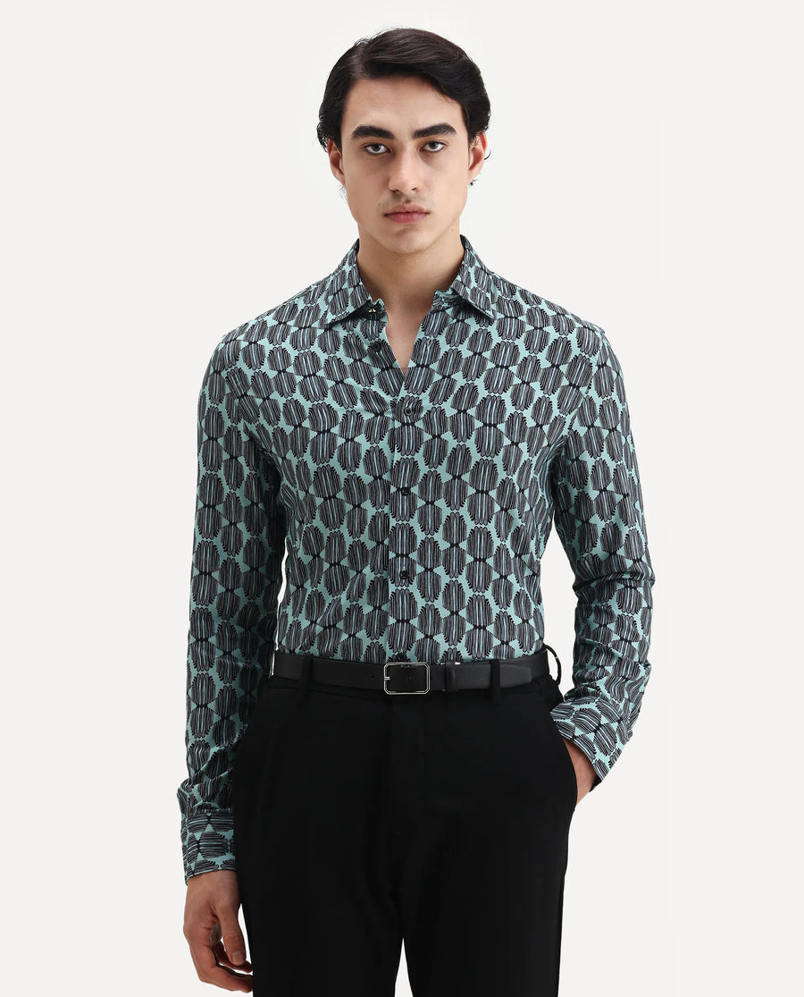 Rare Rabbit Men's Tulls Dusky Turq Viscose Abstract Print Regular Fit Full Sleeve Collared Shirt