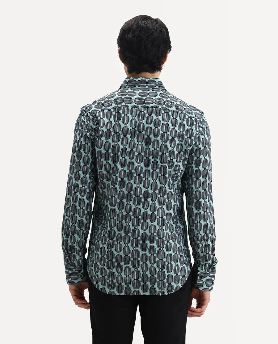 Rare Rabbit Men's Tulls Dusky Turq Viscose Abstract Print Regular Fit Full Sleeve Collared Shirt