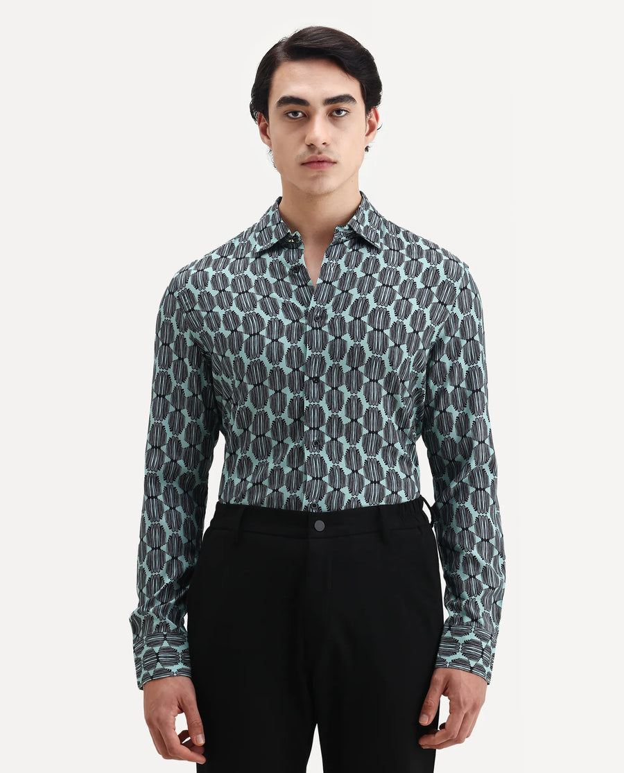 Rare Rabbit Men's Tulls Dusky Turq Viscose Abstract Print Regular Fit Full Sleeve Collared Shirt