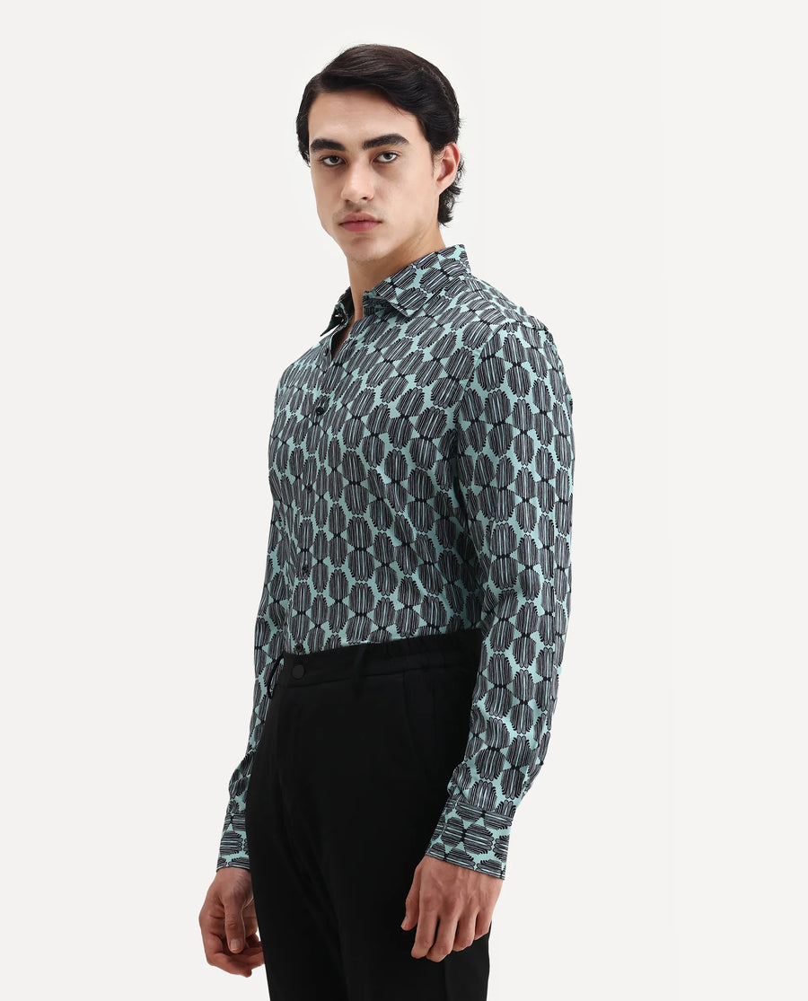 Rare Rabbit Men's Tulls Dusky Turq Viscose Abstract Print Regular Fit Full Sleeve Collared Shirt