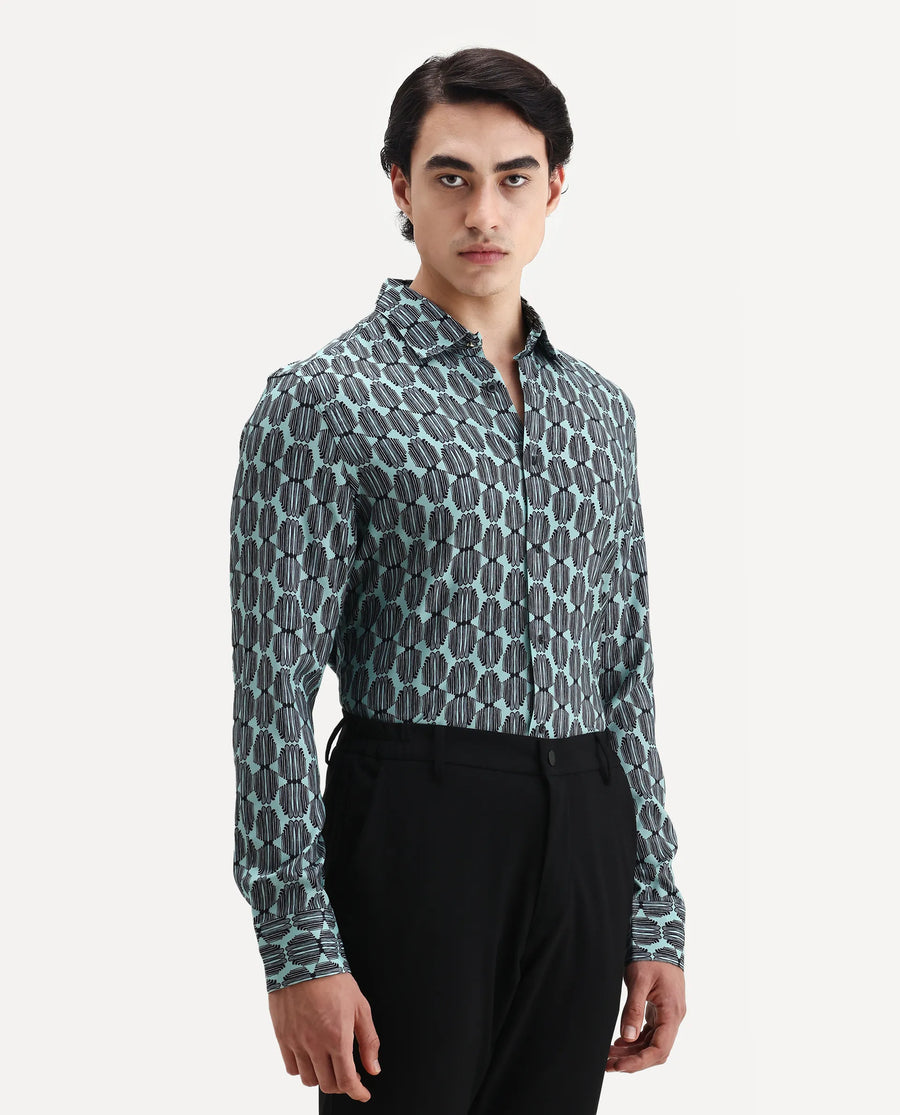 Rare Rabbit Men's Tulls Dusky Turq Viscose Abstract Print Regular Fit Full Sleeve Collared Shirt