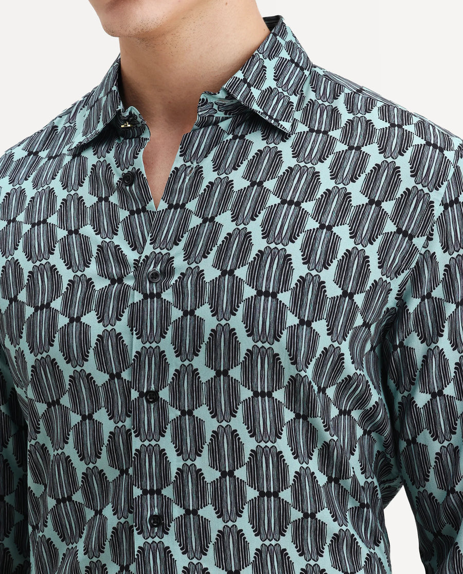 Rare Rabbit Men's Tulls Dusky Turq Viscose Abstract Print Regular Fit Full Sleeve Collared Shirt