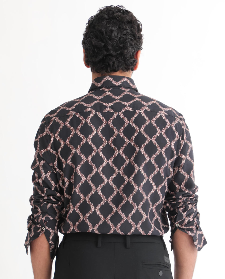 Rare Rabbit Men's Tulsa Black Viscose Geometric Print Regular Fit Full Sleeve Collared Shirt