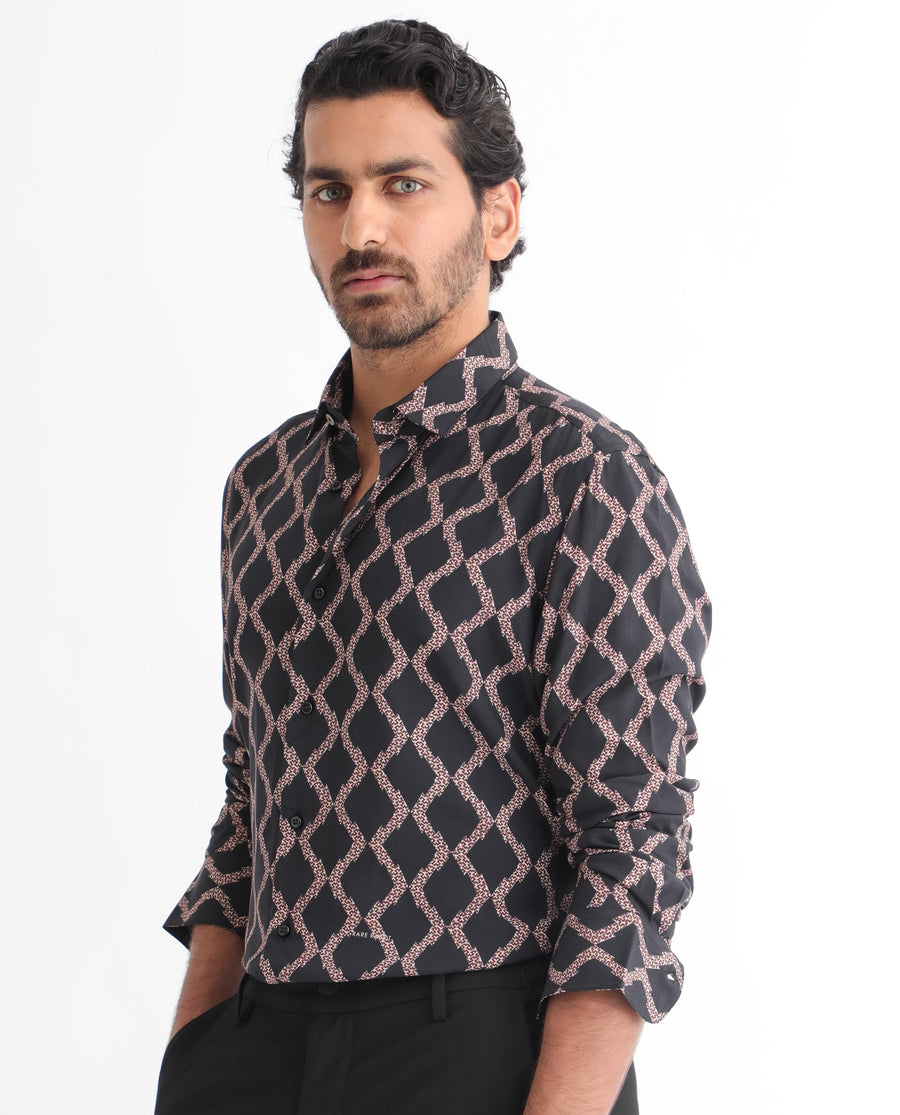 Rare Rabbit Men's Tulsa Black Viscose Geometric Print Regular Fit Full Sleeve Collared Shirt