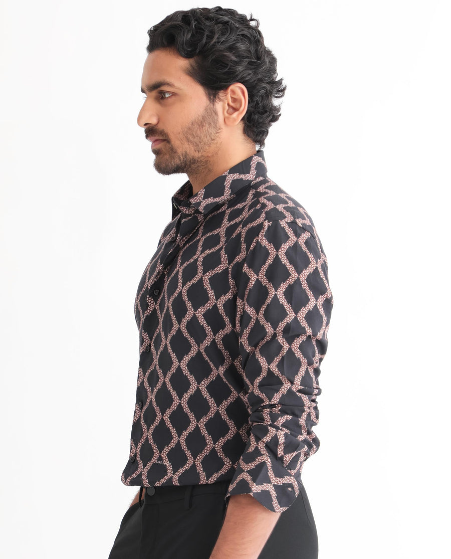 Rare Rabbit Men's Tulsa Black Viscose Geometric Print Regular Fit Full Sleeve Collared Shirt