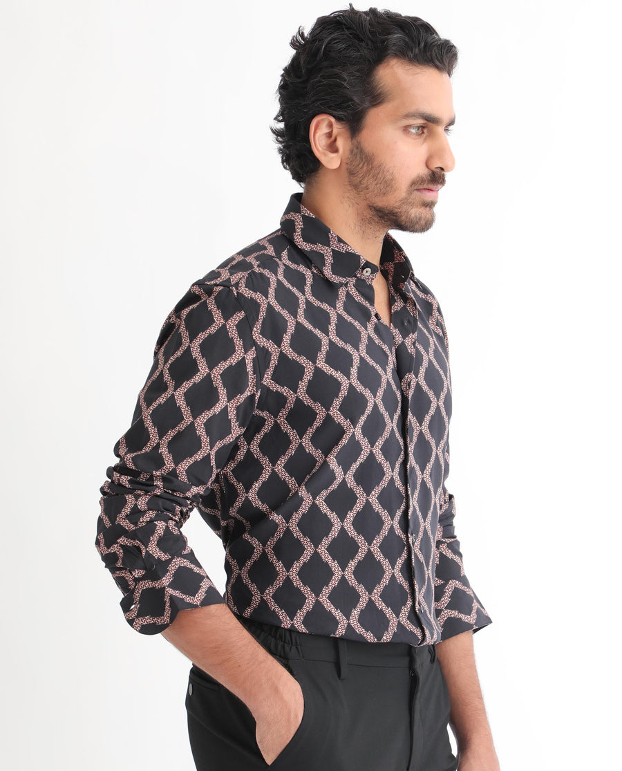 Rare Rabbit Men's Tulsa Black Viscose Geometric Print Regular Fit Full Sleeve Collared Shirt