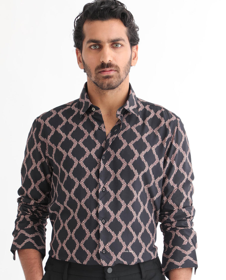 Rare Rabbit Men's Tulsa Black Viscose Geometric Print Regular Fit Full Sleeve Collared Shirt