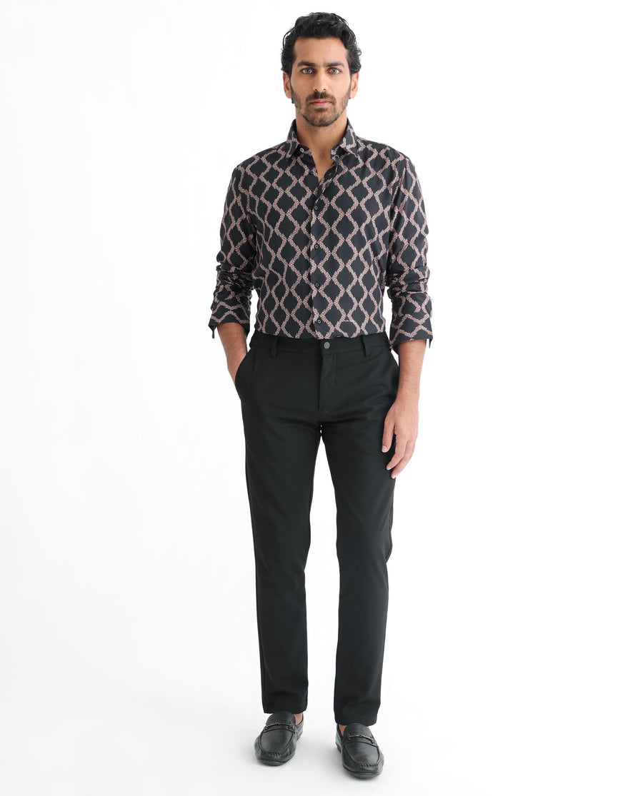 Rare Rabbit Men's Tulsa Black Viscose Geometric Print Regular Fit Full Sleeve Collared Shirt