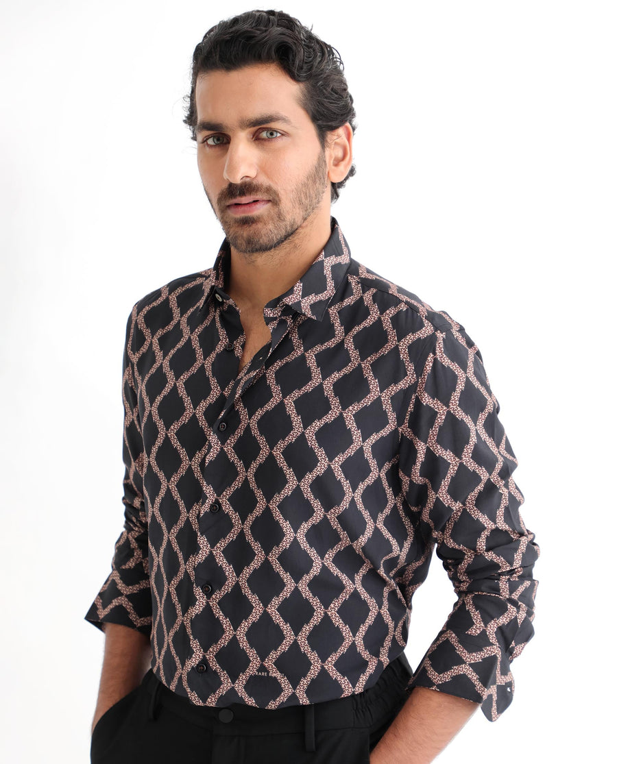 Rare Rabbit Men's Tulsa Black Viscose Geometric Print Regular Fit Full Sleeve Collared Shirt