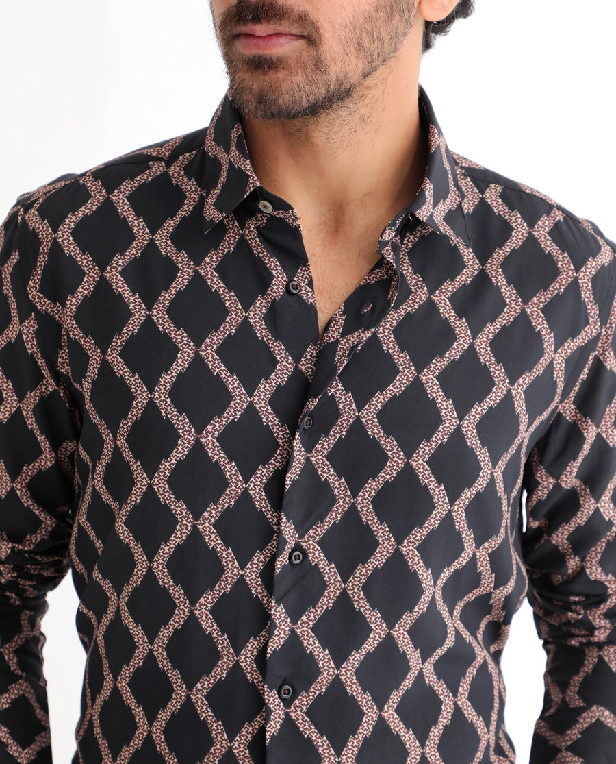 Rare Rabbit Men's Tulsa Black Viscose Geometric Print Regular Fit Full Sleeve Collared Shirt