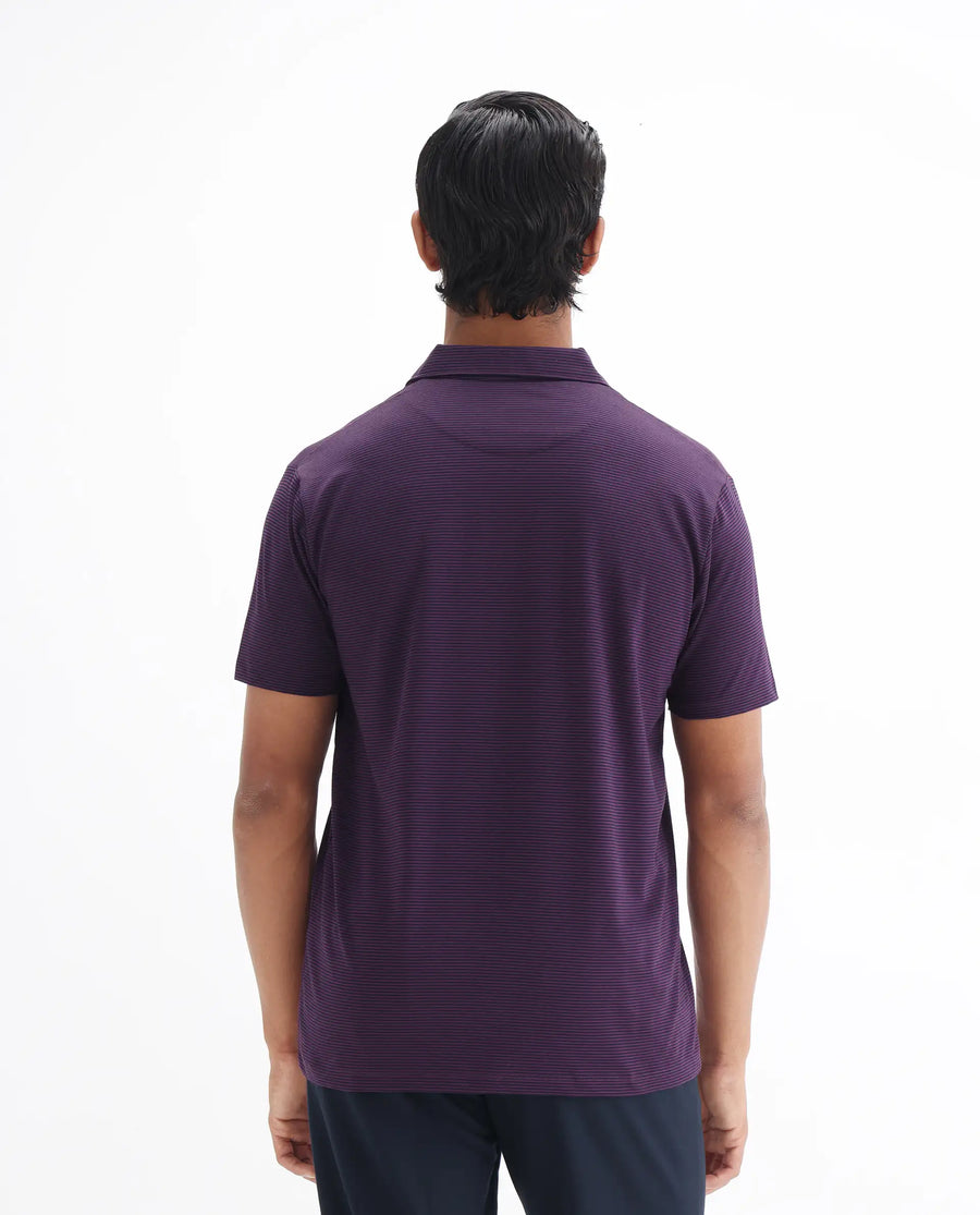 Rare Rabbit Men's Tunas Dark Purple Cotton Striped Print Regular Fit Half Sleeve Polo