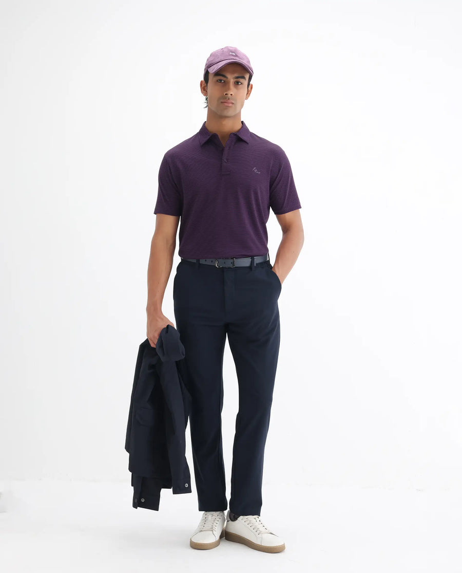 Rare Rabbit Men's Tunas Dark Purple Cotton Striped Print Regular Fit Half Sleeve Polo