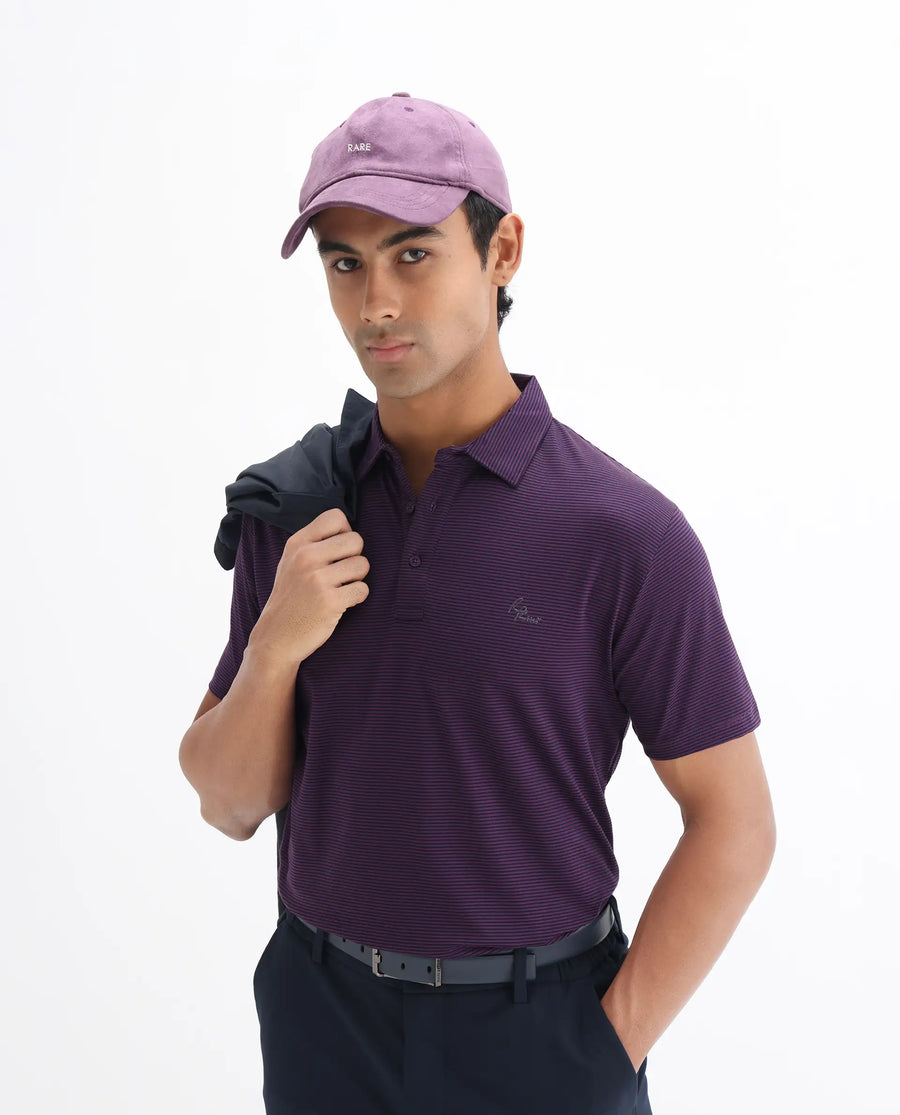 Rare Rabbit Men's Tunas Dark Purple Cotton Striped Print Regular Fit Half Sleeve Polo