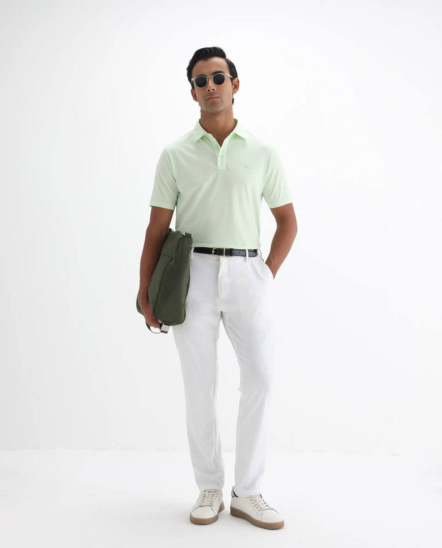 Rare Rabbit Men's Tunas Light Green Cotton Striped Print Regular Fit Half Sleeve Polo