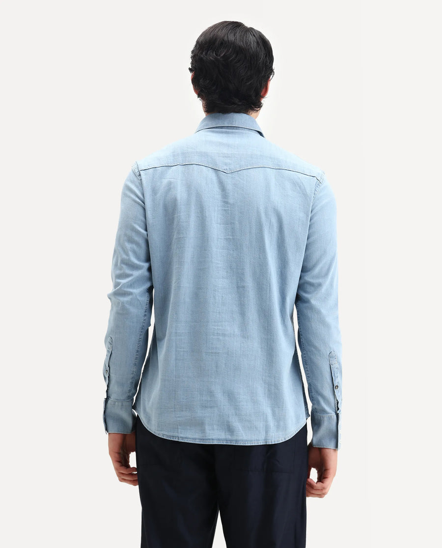 Rare Rabbit Men's Tunor Light Blue Cotton Plain Regular Fit Full Sleeve Collared Shirt