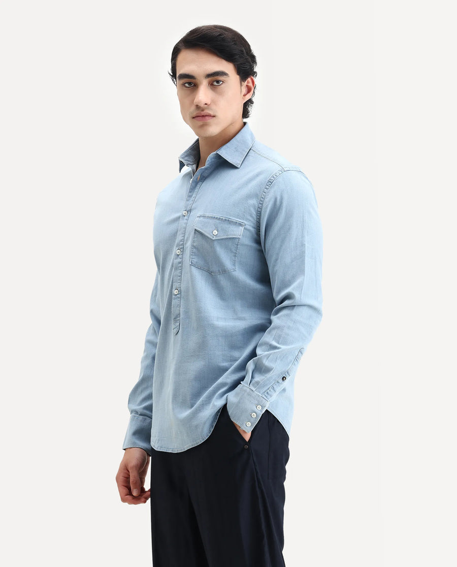 Rare Rabbit Men's Tunor Light Blue Cotton Plain Regular Fit Full Sleeve Collared Shirt
