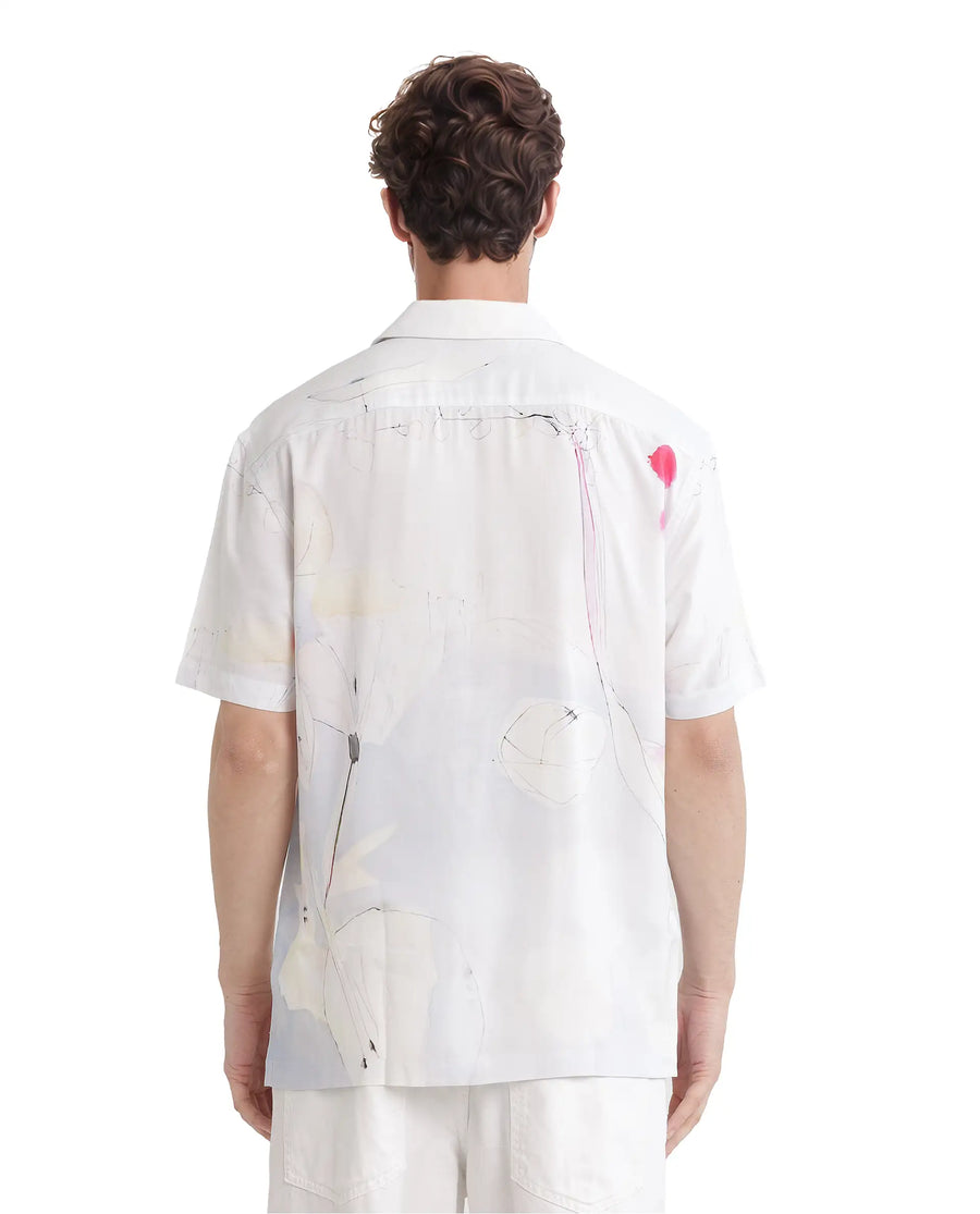 Rare Rabbit Men's Tura Off White Viscose Abstract Print Boxy Fit Half Sleeve Cuban Collar Shirt