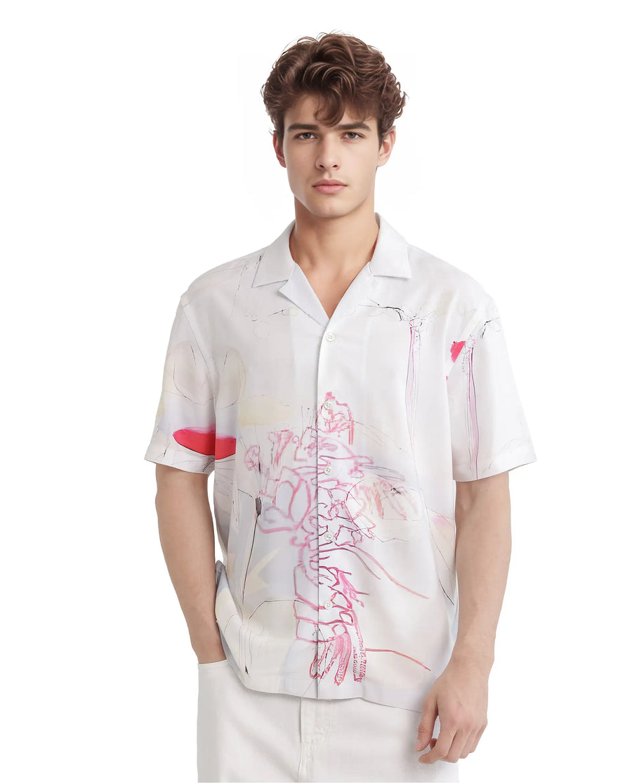 Rare Rabbit Men's Tura Off White Viscose Abstract Print Boxy Fit Half Sleeve Cuban Collar Shirt