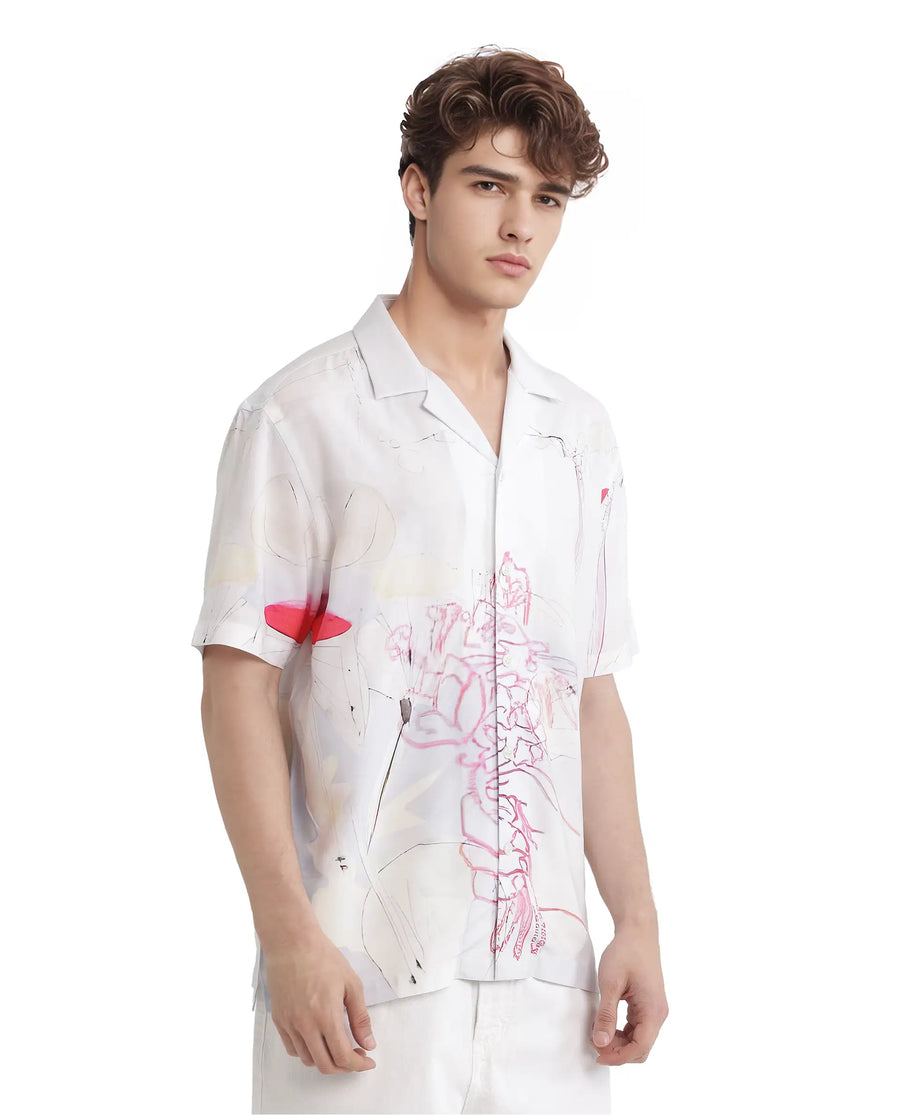 Rare Rabbit Men's Tura Off White Viscose Abstract Print Boxy Fit Half Sleeve Cuban Collar Shirt