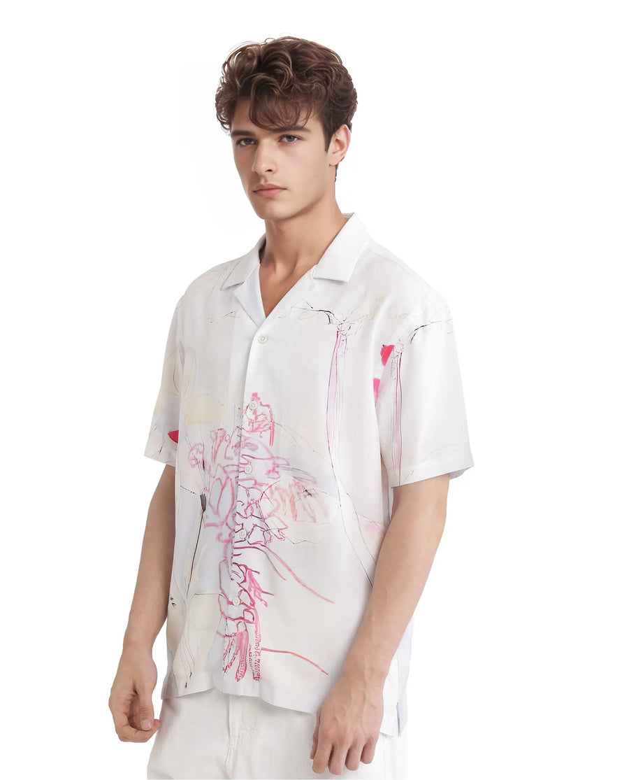 Rare Rabbit Men's Tura Off White Viscose Abstract Print Boxy Fit Half Sleeve Cuban Collar Shirt