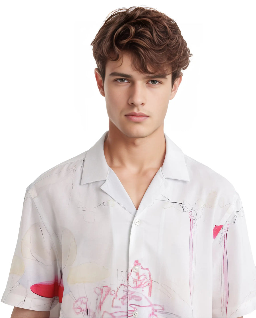 Rare Rabbit Men's Tura Off White Viscose Abstract Print Boxy Fit Half Sleeve Cuban Collar Shirt