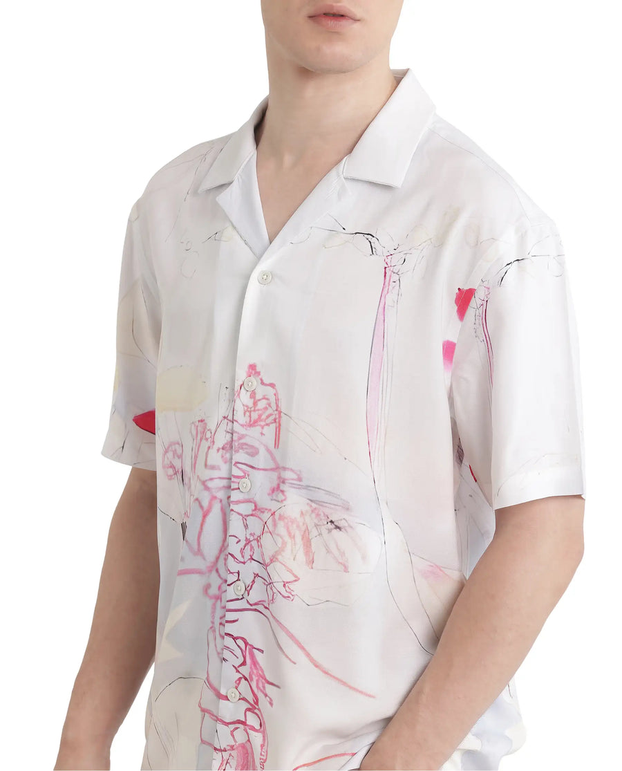 Rare Rabbit Men's Tura Off White Viscose Abstract Print Boxy Fit Half Sleeve Cuban Collar Shirt