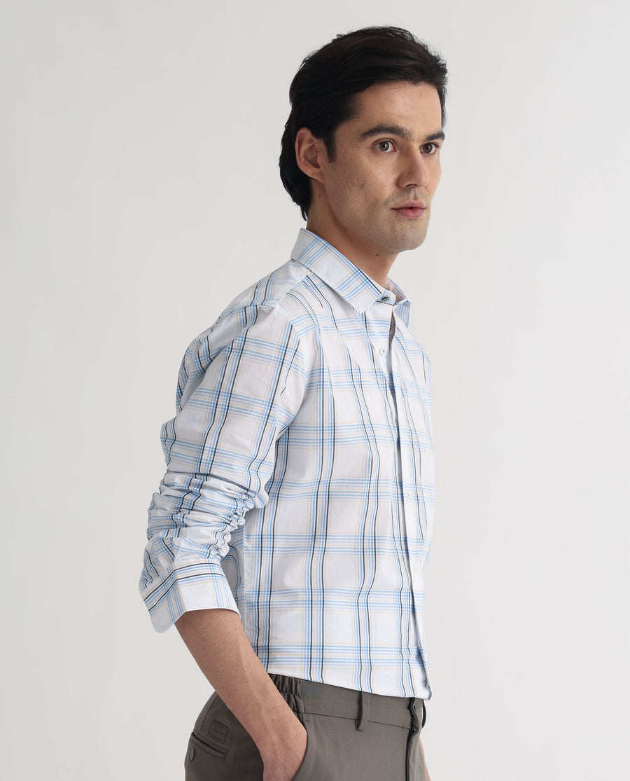 Rare Rabbit Men's Turvo White Cotton Checked Print Regular Fit Full Sleeve Collared Shirt