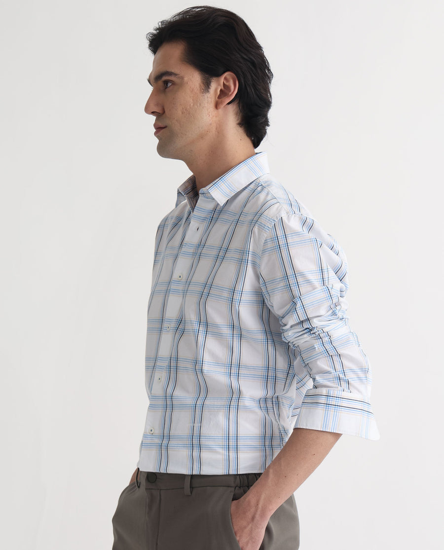Rare Rabbit Men's Turvo White Cotton Checked Print Regular Fit Full Sleeve Collared Shirt