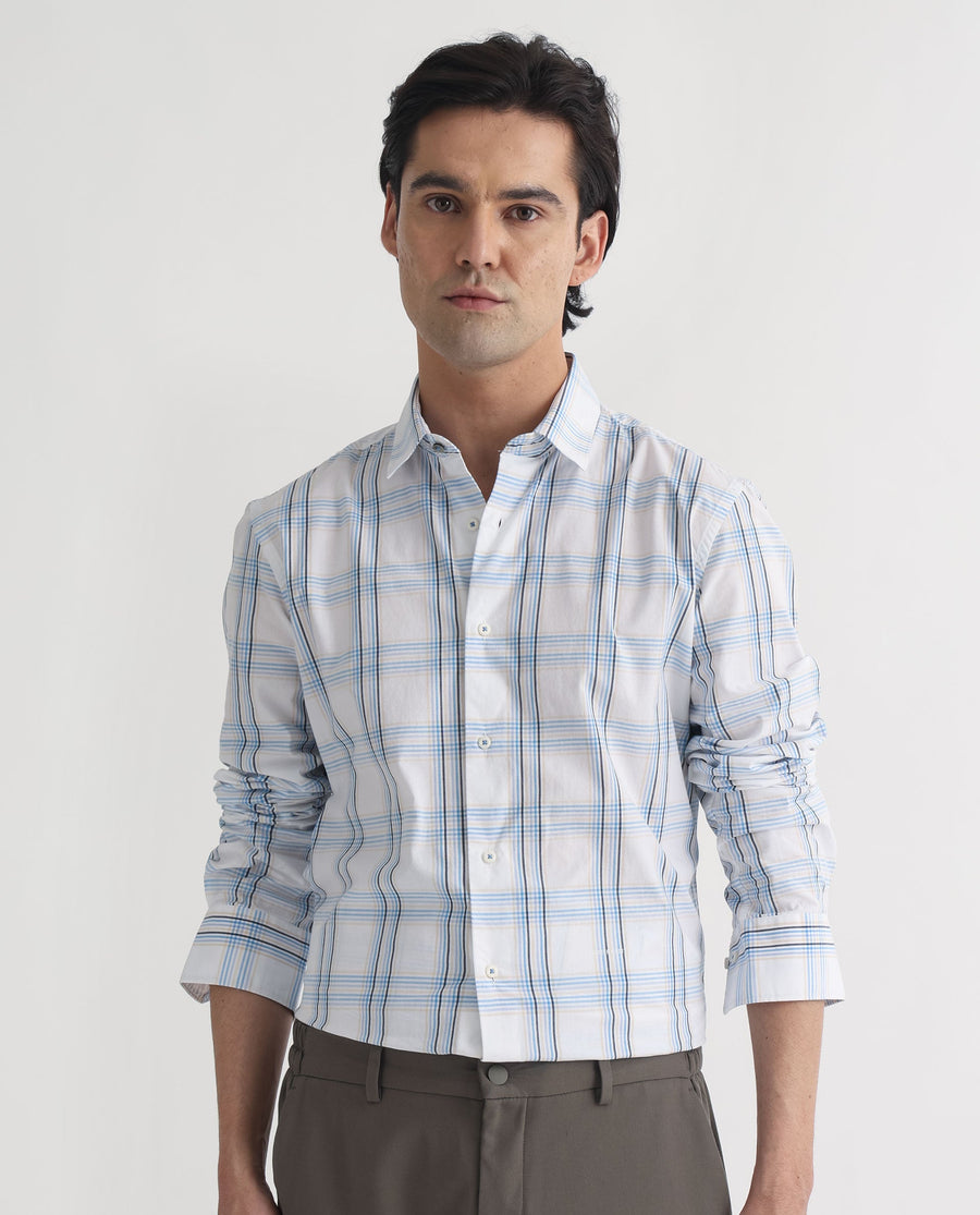Rare Rabbit Men's Turvo White Cotton Checked Print Regular Fit Full Sleeve Collared Shirt