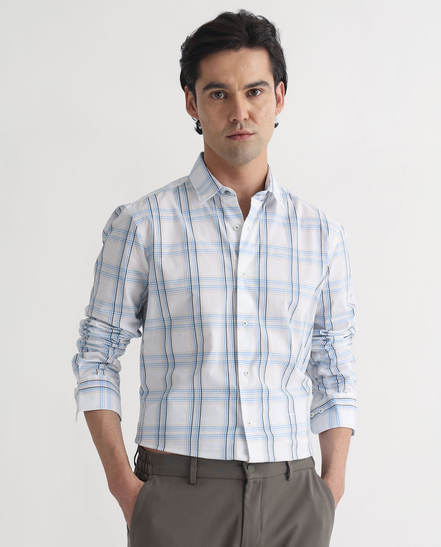 Rare Rabbit Men's Turvo White Cotton Checked Print Regular Fit Full Sleeve Collared Shirt