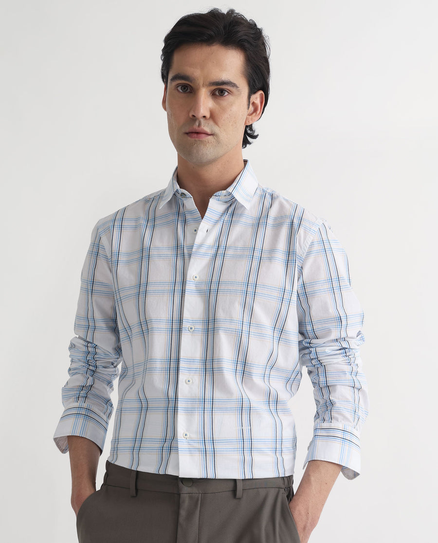 Rare Rabbit Men's Turvo White Cotton Checked Print Regular Fit Full Sleeve Collared Shirt