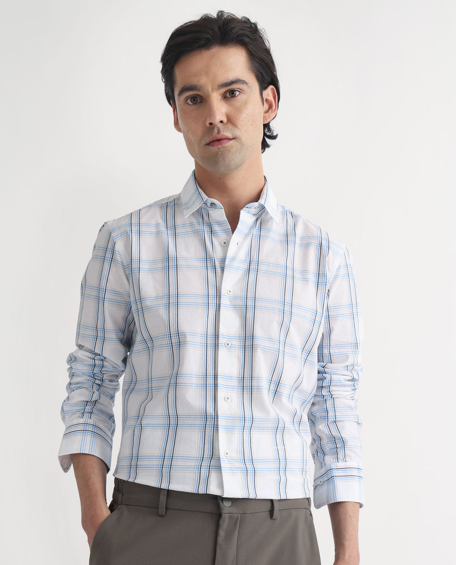 Rare Rabbit Men's Turvo White Cotton Checked Print Regular Fit Full Sleeve Collared Shirt