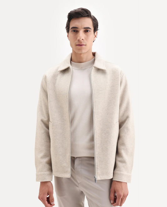 Rare Rabbit Men's Tweeder-25 Beige Polyester Blend Fabric Collared Neck Regular Fit Plain Jacket