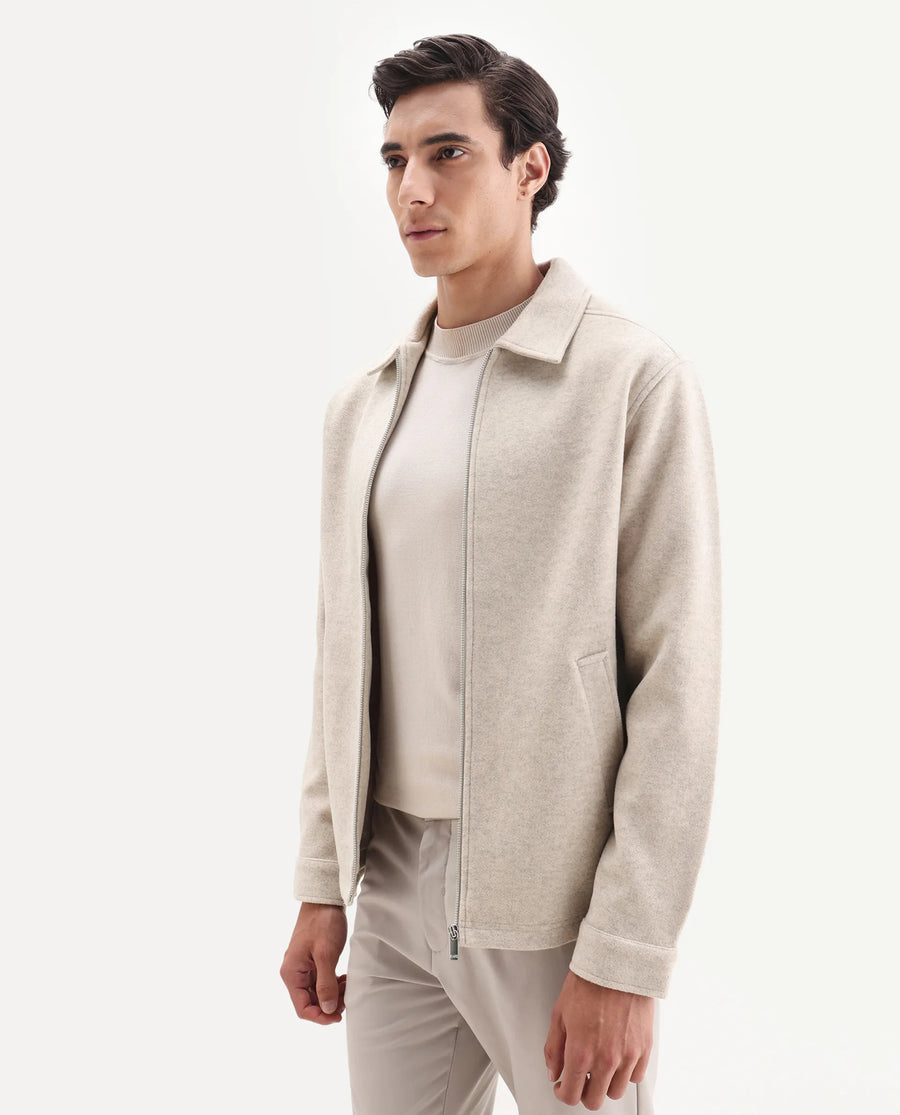 Rare Rabbit Men's Tweeder-25 Beige Polyester Blend Fabric Collared Neck Regular Fit Plain Jacket