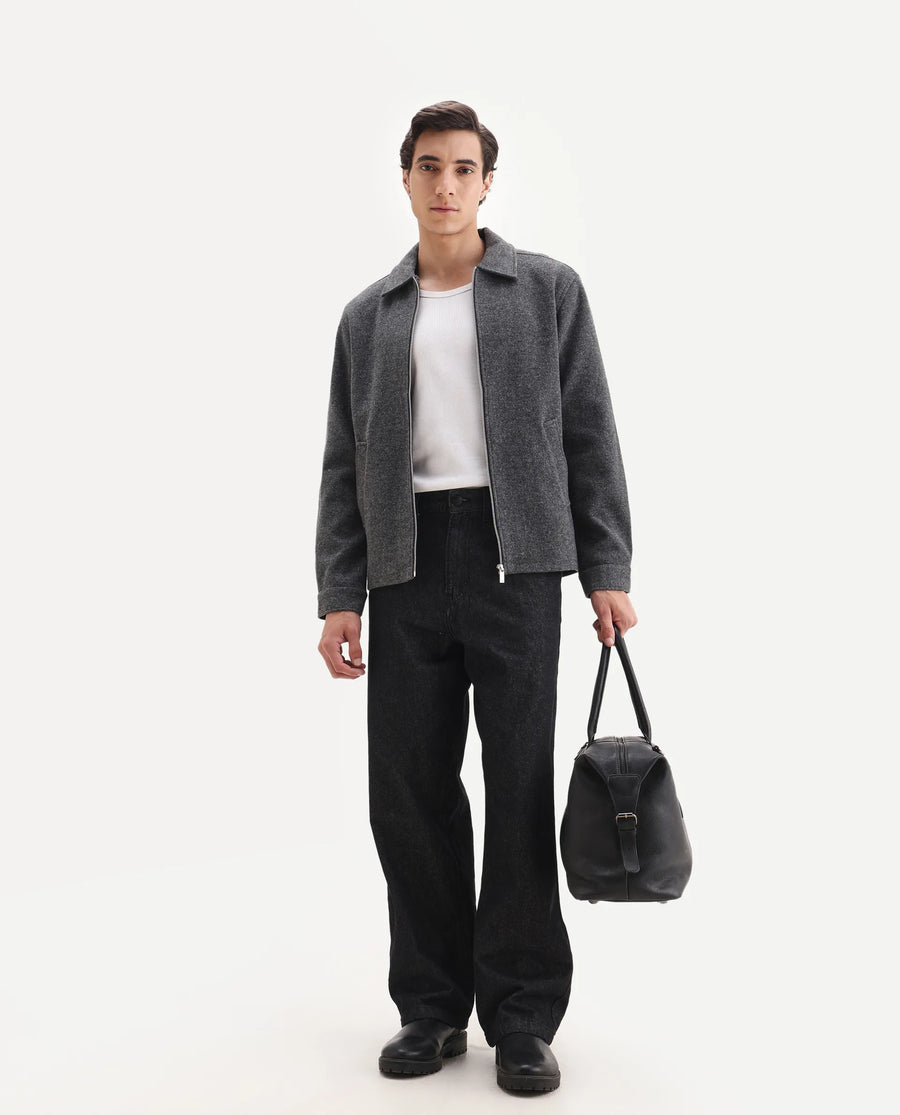 Rare Rabbit Men's Tweeder-25 Grey Polyester Blend Fabric Collared Neck Regular Fit Plain Jacket
