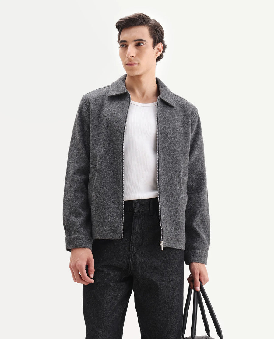 Rare Rabbit Men's Tweeder-25 Grey Polyester Blend Fabric Collared Neck Regular Fit Plain Jacket