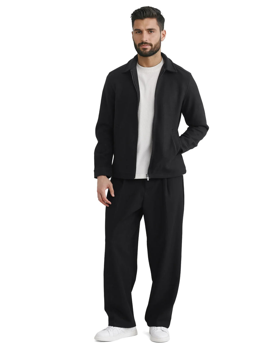 Rare Rabbit Men's Tweeder-2 Black Polyester Plain Relaxed Fit Full Sleeve Spread Collar Jacket