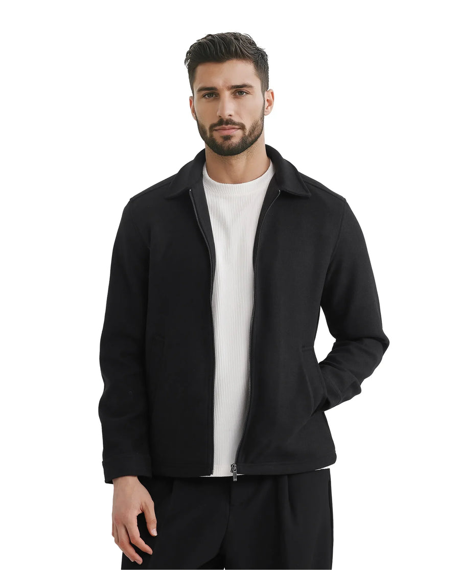 Rare Rabbit Men's Tweeder-2 Black Polyester Plain Relaxed Fit Full Sleeve Spread Collar Jacket