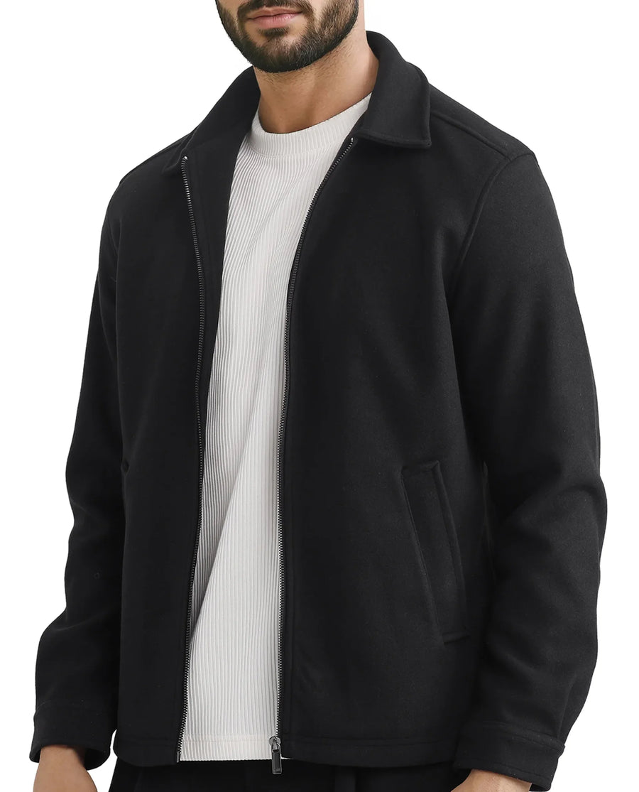 Rare Rabbit Men's Tweeder-2 Black Polyester Plain Relaxed Fit Full Sleeve Spread Collar Jacket